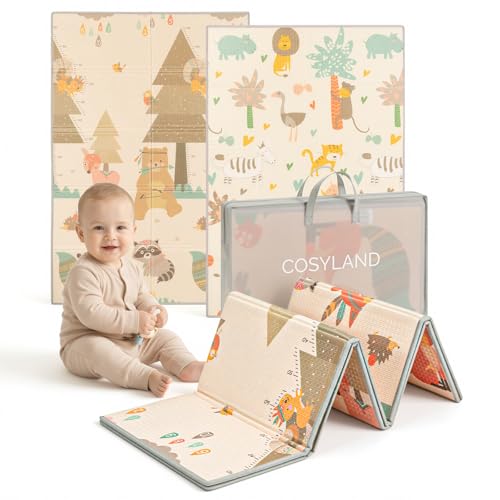 COSYLAND Alfombra Bebé Acolchada Plegable XPE Reversible, Tapete de Juegos Infantil Antideslizante e Impermeable para Suelo, Colchoneta Bebé, Animales Dormidos, Zorro y Oso Pardo, 120 x 180 x 1 cm