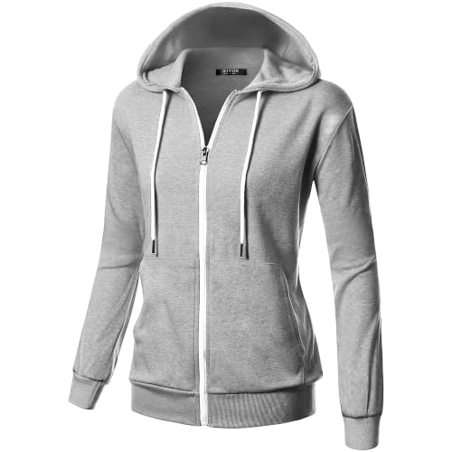 GIVON Womens Casual Zip Up Hoodie Cotton Blend Soft Fabric Basic Layering Hooded Jacket with Kangaroo Pocket - DCF200-GREY-M