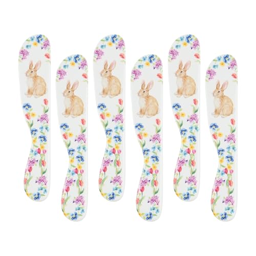 UPware Floral Bunny Cheese Spreader Set, Melamine Multipurpose Butter Spreaders for Cream, Cheese, Jelly, Mayo, Frosting, and Sandwich, Multicolor, 6 Inch, Set of 6