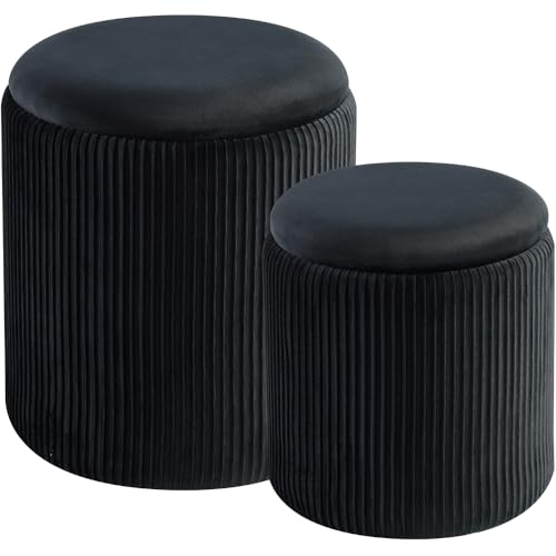 Round Set of 2 Ottoman with Storage-Upholstered Velvet Vanity Stool for Makeup Multifunctional...