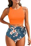 Aqua Eve Women High Waisted Bikini Set Racerback Swimsuit Two Piece Bathing Suit High Neck Swimwear Orange Flowers Medium
