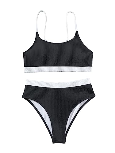 Image of Lilosy High Waisted Tummy Control Ribbed Bikini Crop Top Brazilian Swimsuit Set 2 Piece