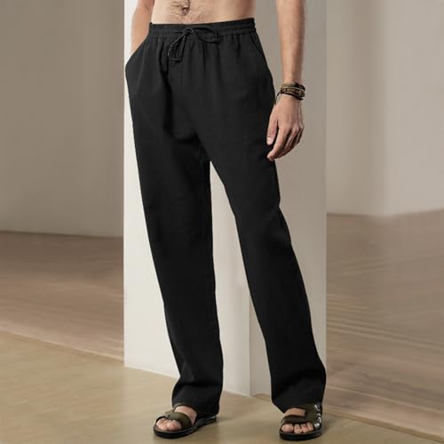 Mens Loose Linen Wide Leg Pants Summer Casual Drawstring Elastic Waist Plus Size Beach Vacation Trousers2