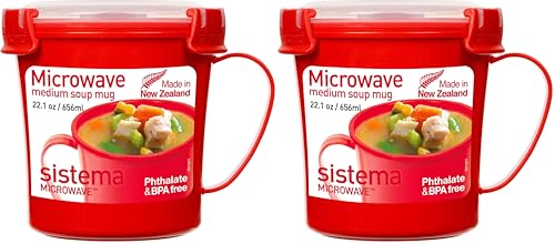 Sistema Microwave Mug à soupe de taille moyenne | Récipient alimentaire micro-ondes | 656 ml | Sans BPA | Rouge (Lot de 2)