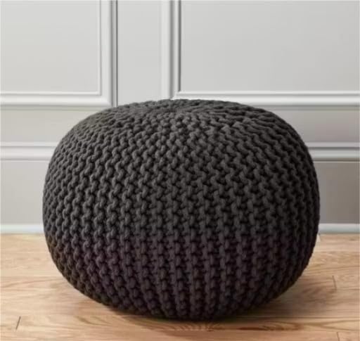 Siya Textile Hand Knitted Pouf Puffy – Round Ottoman Bean Filled Stool for Sitting & Foot Rest, Cable Style Dori Pouf for Living Room, Bedroom & Home Décor (Black)-image-25
