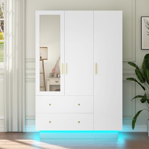 Image of Hlivelood 3 Door Armoire Wardrobe Closet Cabinet with Mirror and LED Light, 2 Drawers, 3 Doors, Hanging Rod, Large Capacity Storage Wardrobe Armoire for Bedroom, White