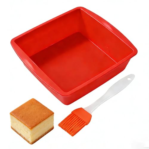 DNTHYRIN 2 PCS Square Cake Tin 20cm Easy-Release Silicone Cake Moulds with Brush Non-Stick Baking Trays & Brownie Pans for Cheesecake Cake Bread and Chocolate Pie