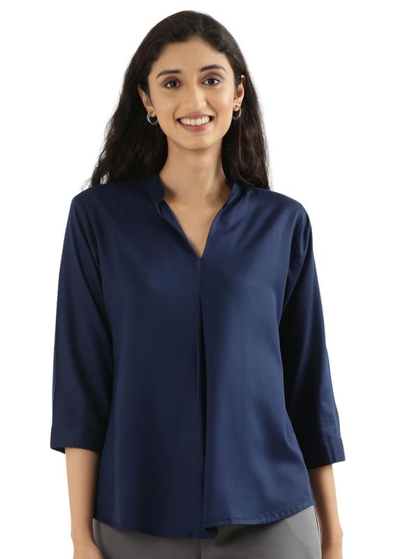 Image of SAADAA Top for Women, Viscose Pleated Tops, V-Neck with a Collar, 3 /4 Sleeve Length, Office & Casual Wear