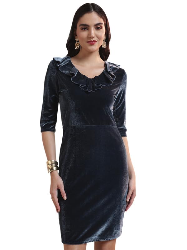 Image of Vaararo V-Neck Party Dress for Women Bodycon | Shiny Velvet Half Sleeves Above Knee Length Outfit