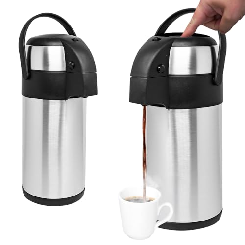 Image of Set of 2 Pump Action 3L Airpot - Stainless Steel Teapot Infuser | Tea & Coffee Carafe Pump Action Air Pot Dispenser | for Hot Drinks, Soup Drinks, 3 Litre Travel Jug with Carry Handle & Safety Lock