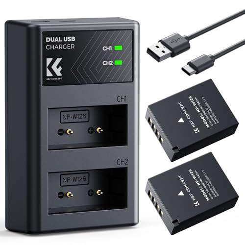 Image of K&F Concept 1300mAh NP-W126 NP-W126S Battery and Charger for Fujifilm XM5, X100VI, X100V, XS10, XT30, XT30 II, XT20, XE4, A5, Dual-Slot Fast Charger, Type-C and Micro-USB Input, 2 Pack Battery