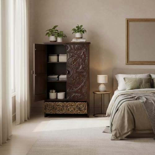 Image of APRODZ Wooden Wardrobe for Bedroom | Scolpito 2 Door Mango Wood Wardrobe with 1 Drawer | Space Saving Wardrobe for Storage, Clothes Cupboard & Wooden Almirah for Bedroom,(Mahogany + Green Brown Finish