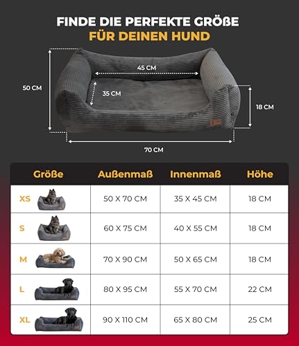 HS-Hundebett® Kuschelbett Deluxe Cord XS (50x70 cm) – Orthopädisches Hundebett für kleine Hunde – Memory Foam, waschbar, rutschfest – Anthrazit – Made in Germany