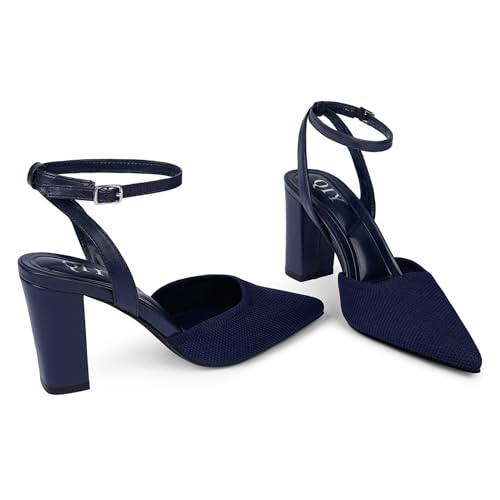 QIY Navy Blue Closed Toe Heels for Women Pointed Toe Chunky Block Knit Heels Navy Blue Ankle Strap Slingback Sling Back 3 inch High Heel Women's Pumps Strappy Formal Wedding Dress Shoes Size 8 by QIY - Used condition - Image 5