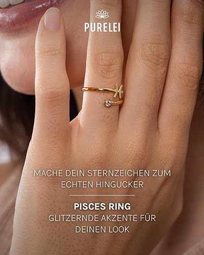Purelei® Sternzeichen Ring Fisch (Gold) – Wasserfester Damenring aus langlebigem Edelstahl – Verstellbare Ringe von Größe 60 bis 66 – Modeschmuck für deinen individuellen Look