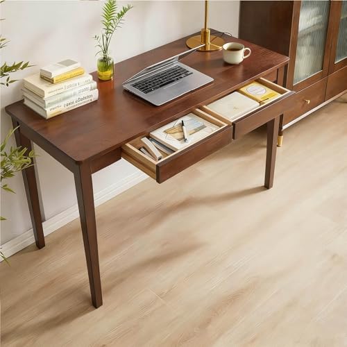 Sindasco Solid Wood Desk,47' Oak Wooden Desk with Drawers,Mid Century Modern Small Computer Desk with Drawers for Small Spaces Home Office Solid Wood Writing Desk (Walnut Color-2, 47')