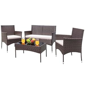 Greesum Patio Furniture 4 Pieces Conversation Sets Outdoor Wicker Rattan Chairs Garden Backyard Balcony Porch Poolside loveseat with Cushion and Glass Table, Brown and Beige