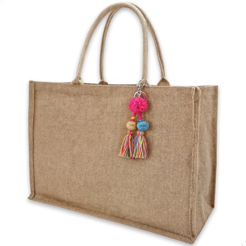 Bolsa de Praia em Juta Natural com Forro Impermeável, Alças Reforçadas, Pingentes Coloridos, Resistente a Areia, Grande Capacidade, Verão Piscina Viagem