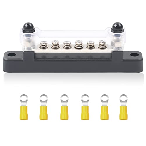 HOIIME 12V - 48V DC BusBar Power Terminal Blocks with 2 M6 Studs 6 M4 Screws Terminals, 150A High Performance Module BUSBAR Distribution Block with Cover for Cars RVs Ships Yachts (Black)