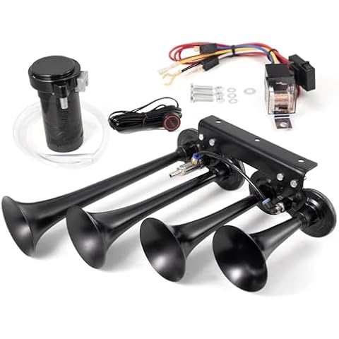 AOLIHAN Truck Air Horn 4 Trumpet Train Horn Kit for Truck 150DB Air Horn for Truck 12V Super Loud Train Horns with Compressor for Vehicle Truck Car Pickup Jeep SUV Train Boat Cover
