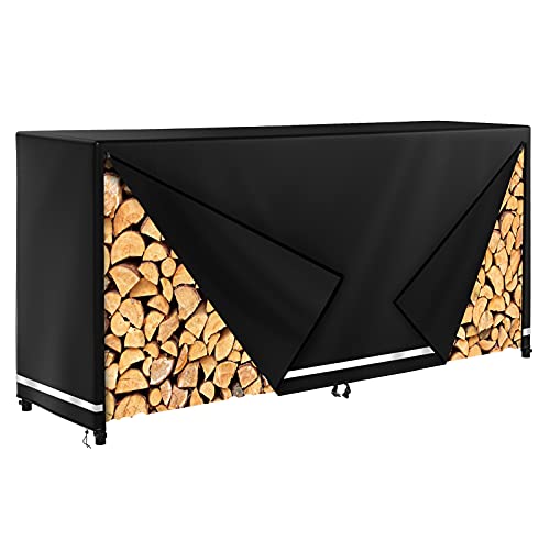 8FT Firewood Rack Cover Waterproof, Fire Wood Storage Holder Covers 600D Heavy Duty Oxford Fabric Firewood Log Hoop Cover Outdoor Indoor with Zipper, Black