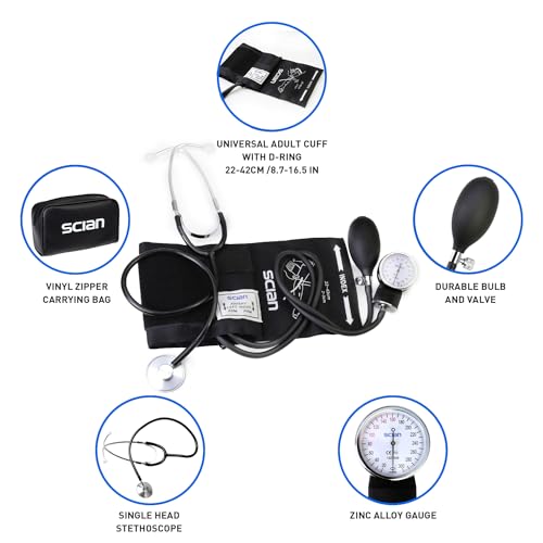 Scian Manual Blood Pressure Cuff with Stethoscope - Aneroid Sphygmomanometer with D-Ring Universal Cuff 22-42cm in Carrying Bag for Nurse Doctor Senior Adult (Black)