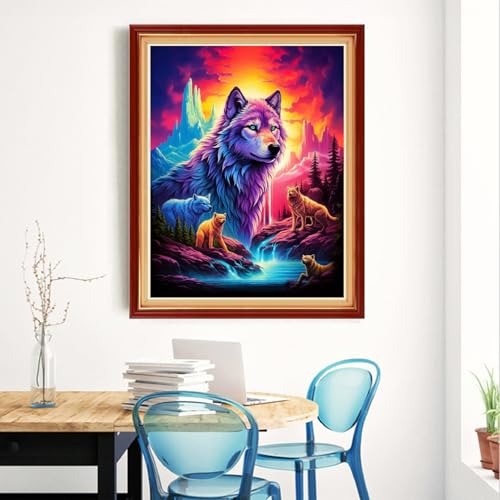 Image of Magxvouy Cross Stitch Kits Stamped Full Range of Embroidery Kits,Cross Stitch Patterns Needlework Kits for Beginners 11CT Printed Kits&Wolf King 16x20 inch