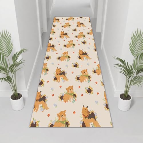 犬用 キッチン ラグ ロングカーペット 洗える 吸着マット おしゃれ ペット用 お年寄り 90×400cm オレンジ系 子犬柄 ひまわり フラワー アニマル レトロ