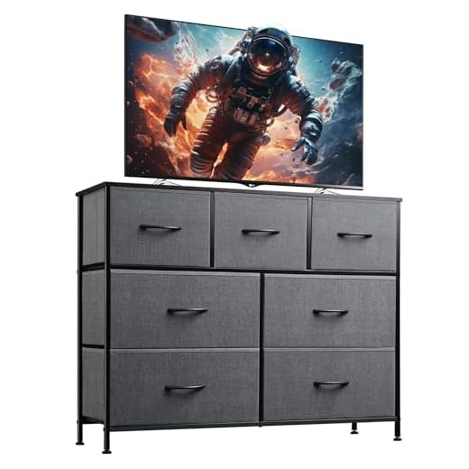 WLIVE Dresser TV Stand, Entertainment Center with Fabric Drawers, Media Console Table with Metal Frame and Wood Top for TV up to 45 inch, Chest of Drawers for Bedroom, Dark Grey
