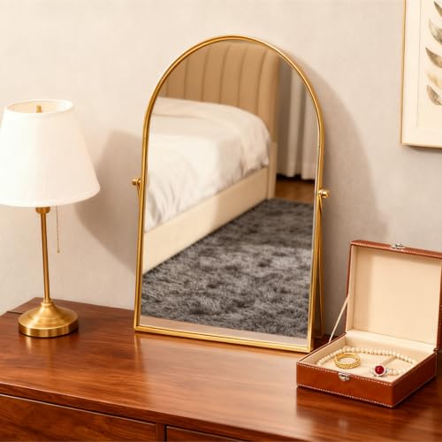 Golden Metal Mirror Vanity Table Desk Arch Makeup Bathroom Mirror Rotation Framed Standing Mirrors 90Adjustable Room Decor for Living Room Bedroom Tabletop