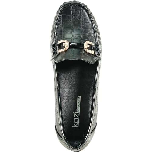 Image of KOZI Women Comfort Casual Wedge Shoe Slip-On Loafer ML Collection Round Toe Penny Loafer Removable Insole Black Champagne