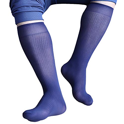 3Pairs Pack Men's Knee High Long Navy Striped Nylon Sheer Silk Dress Socks2