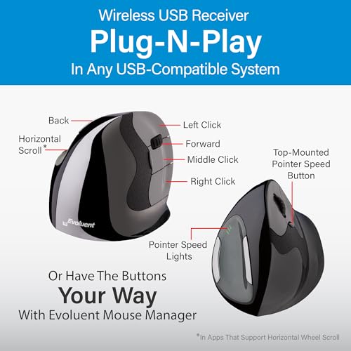 Image of Evoluent - Inventor of The Vertical Mouse - VMDMW Ergonomic Vertical Mouse Right Hand Med USB Wireless, Sculpted for Comfort, Reduces Wrist Strain, 4 Speeds, 6 Customizable Buttons in Windows