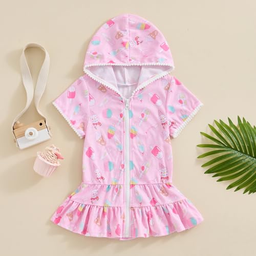 Kids Baby Girl Zip Up Hooded Swim Terry Cover Up Short Sleeve Swimuit Beach Coverups Dress Warp Bathrobe2