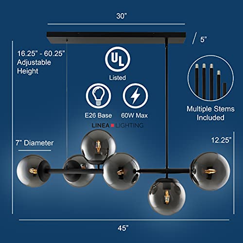 Linea Di Liara Caserti Modern Chandelier Rectangle Light Fixture 6-Light Smoke Glass Globe Linear Chandelier Farmhouse Dining Room Light Fixtures Over Table Island Lights Black Kitchen Light Fixtures #TOP5