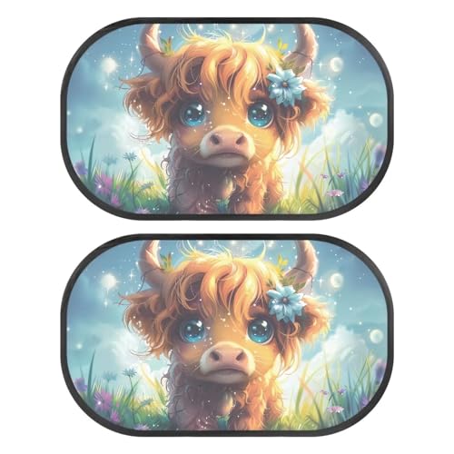 Renewold 2 Pieces Set Highland Cattle Car Window Shade Sunshade Sun Glare and UV Rays Protection for Child Kids Baby Side Window Cover Side Automotive Window Sun Shades Vehicles Accessories