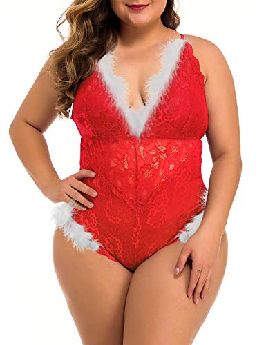 XAKALAKA Women Plus Size Lace Bodysuit Teddy Lingerie One Piece Babydoll Clubwear Xmas 3X