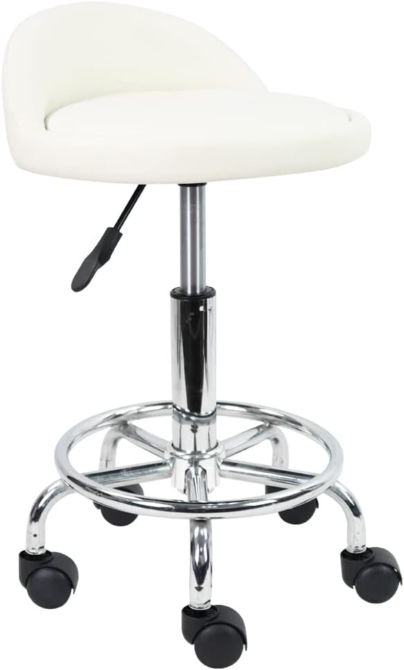 PU Leather Round Rolling Stool with Foot Rest Height Adjustable Swivel Drafting Work SPA Task Chair with Wheels (White)