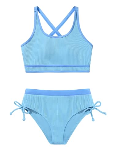 Image of ESHOO Girls Swimsuit 2 Piece Bathing Suit Stripes Cross Swimwear with Chest Pad Teen Girls Bikini Set for 9-16 Years