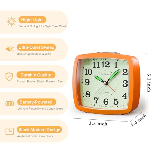 Image of Lamisola Analog Travel Alarm Clock for Bedroom, Small Desk Clock Orange | Retro Battery Clock for Bathroom Shelf Table Bedside, Night Light Silent Snooze Clear Display for Kids Senoirs Teens
