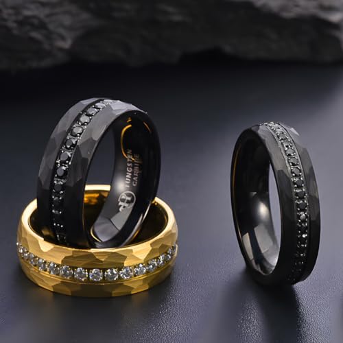 Hioleegi Tungsten Wedding Bands for Men Women CZ Zirconia Stone Inlay Hammered Irregularly Curved Edge Comfort Fit4