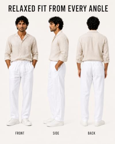 Image of Linen Pants for man || Relaxed Fit Casual Trousers for Men || Men's Lightweight Breathable Pants || Elastic Waist with Drawstring || All Season Pant for Regular, Travel & Office Wear