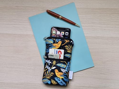 Image of Tainada Men Women Phone Neoprene Shockproof Zipper Sleeve Case Bag Pouch with Carabiner, Neck Lanyard, Belt Loop Holster for iPhone 17 /16 Pro Max, 16 Plus, Samsung S25, S24 (Birds Floral Navy Blue)