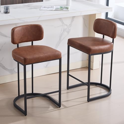 DAYALANE Lot de 2 Tabourets de Bar Moderne en Cuire PU Chaise de Bar Pieds en Métal Tabouret Haut avec Repose-Pieds pour Cuisine, Marron
