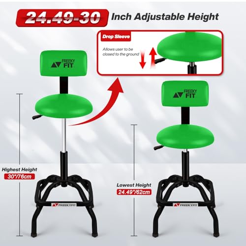 Image of Shop Stool with Backrest, Mechanic Garage Stool for Workshop, Adjustable Shop Stools Chair, Padded Workbench Stools for Men Women, 300 LBS Capacity, 360 Swivel PVC Seat, Heavy Duty, Green