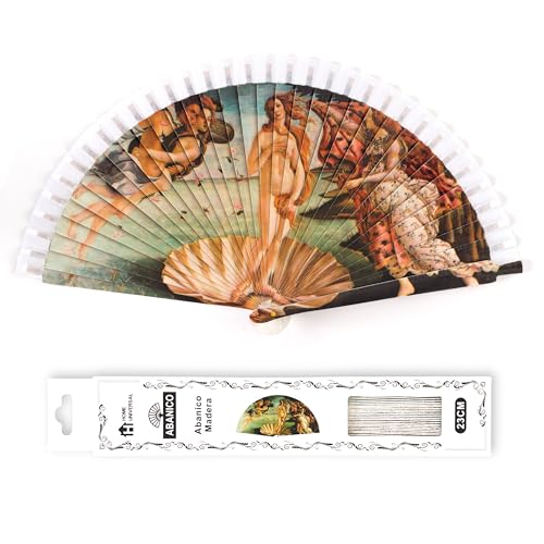 H.U.S.L® Abanico 23CM DE Madera Lisa con Tela DE Marfil, Abanico DE Madera Adornado, Abanico Original (El Nacimiento de Venus (Botticelli))