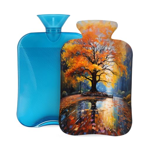 Mexpekil Botella de agua caliente con funda de franela suave, bolsa grande de agua caliente de 2 litros para aliviar el dolor, manos cálidas, pies y cuerpo, regalo ideal para adultos y niños (árbol de