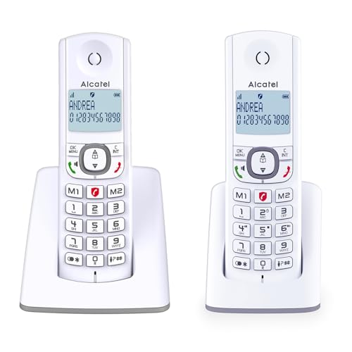 ALCATEL F530 Duo – Schnurloses DECT-Telefon-Set – Großes beleuchtetes Display – Freisprechfunktion – Anrufsperrfunktion – 2 Direktwahltasten – 2 Mobilteile – Weiß/Grau