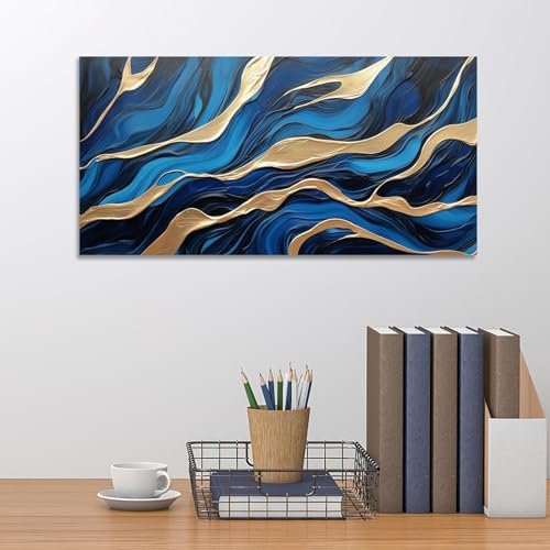 Toile de marbre moderne bleu marine et or 50x100 cm avec cadre intérieur - 4