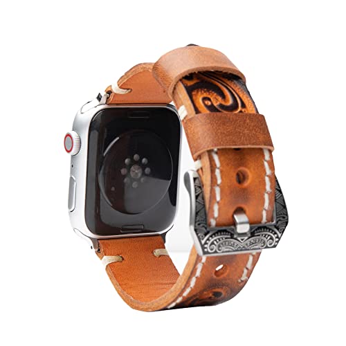WONJOY Compatible with Apple Watch Band 44mm 45mm 42mm 40mm 41mm 38mm iWatch Series SE/9/8/7/6/5/4/3/2/1, Retro Leather Handmade Strap Engraved Floral Pattern Buckle for Men Women (Orange, 38/40/41mm)
